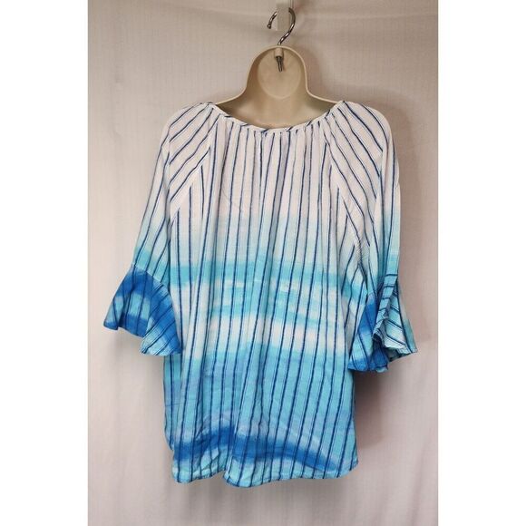 Allison Daley Petite Large Vertical Stripe Ombre Blue Print 3/4 Flutter Sleeve - Picture 5 of 5